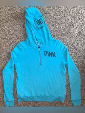 PINK Aqua Blue Half-Zip Hoodie with Hood Graphic